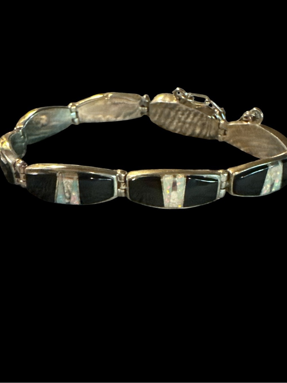 Navajo Leroy Begay Sterling Silver Mosaic Inlay Bracelet Opal Onyx